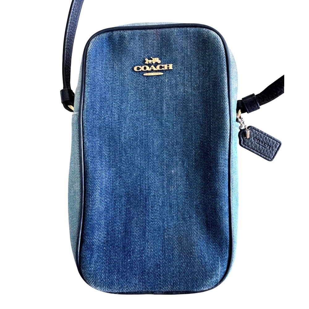 Coach North/South Crossbody Bag Double Denim Blue Navy Leather Phone Zip Purse